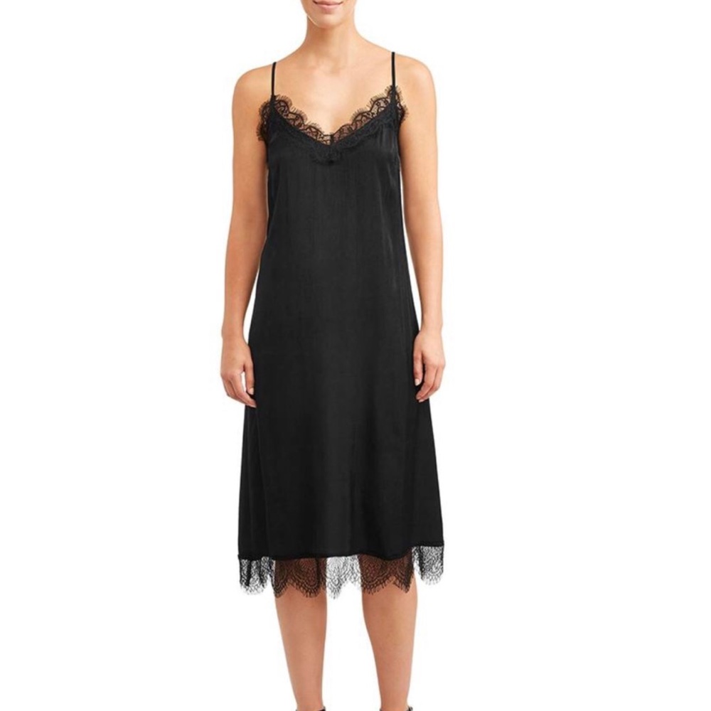Black midi dress with lace trim. Size M